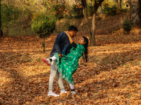 Indian tourists dance on fallen Chinar tree leaves inside a Mughal garden in Srinagar, Jammu and Kashmir, on November 17, 2024. Autumn, loca...