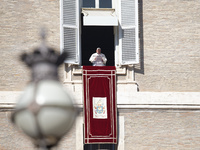 Pope Francis addresses the crowd from the window of the apostolic palace overlooking St. Peter's Square during the Angelus prayer in The Vat...