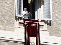 Pope Francis addresses the crowd from the window of the apostolic palace overlooking St. Peter's Square during the Angelus prayer in The Vat...