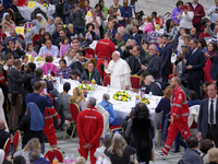 Pope Francis attends a lunch organized on the World Day of the Poor at the Paul VI audience hall in The Vatican, on November 17, 2024. (