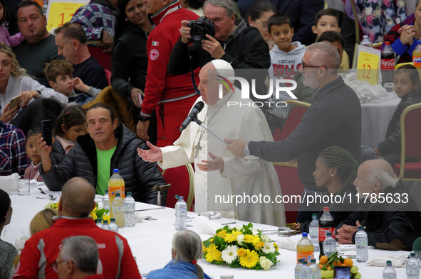 Pope Francis attends a lunch organized on the World Day of the Poor at the Paul VI audience hall in The Vatican, on November 17, 2024. 