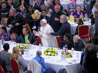 Pope Francis attends a lunch organized on the World Day of the Poor at the Paul VI audience hall in The Vatican, on November 17, 2024. (