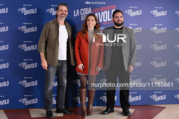 Luca Argentero, Cristiana dell'Anna, and Domenico De Feudis attend the photocall for ''La Coda del Diavolo'' at Cinema Barberini in Rome, It...