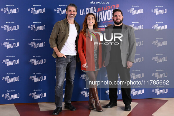 Luca Argentero, Cristiana dell'Anna, and Domenico De Feudis attend the photocall for ''La Coda del Diavolo'' at Cinema Barberini in Rome, It...