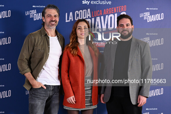 Luca Argentero, Cristiana dell'Anna, and Domenico De Feudis attend the photocall for ''La Coda del Diavolo'' at Cinema Barberini in Rome, It...