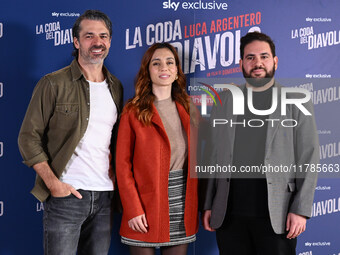 Luca Argentero, Cristiana dell'Anna, and Domenico De Feudis attend the photocall for ''La Coda del Diavolo'' at Cinema Barberini in Rome, It...