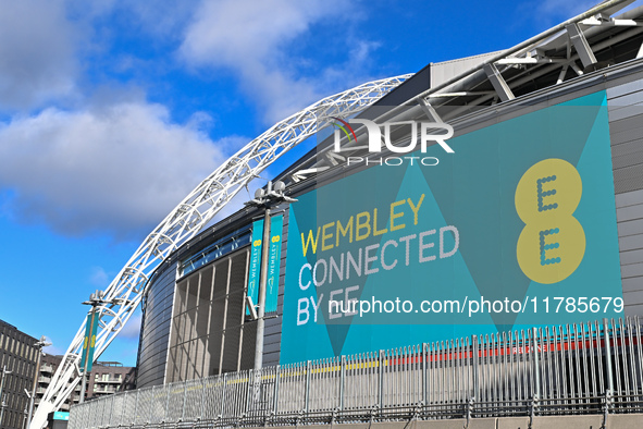 The general outside view of the Wembley arch and EE advertising occurs during the UEFA Nations League 2024/5, League B, Group B2 match betwe...