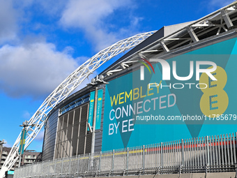 The general outside view of the Wembley arch and EE advertising occurs during the UEFA Nations League 2024/5, League B, Group B2 match betwe...