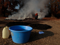 Rafiqa, 46, burns fallen dried leaves and twigs of a Chinar tree to make charcoal ahead of harsh winters in Sopore, Jammu and Kashmir, India...