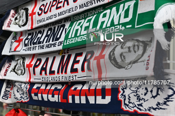 Scarves are at a merchandise stall before the UEFA Nations League 2024/5, League B, Group B2 match between England and the Republic of Irela...