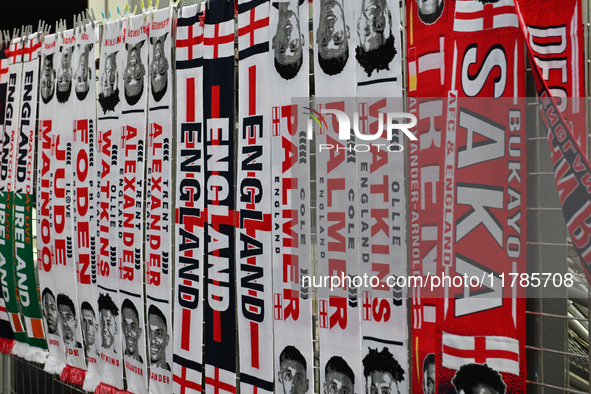 Close-up of scarves on sale before the UEFA Nations League 2024/5, League B, Group B2 match between England and the Republic of Ireland at W...