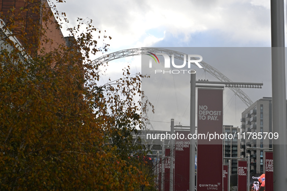 An outside view of Wembley Stadium prior to the UEFA Nations League 2024/5, League B, Group B2 match between England and the Republic of Ire...