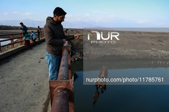 A boy retrieves a polythene bag after casting his fishing rod to catch fish in Wular Lake in Sopore, Jammu and Kashmir, India, on November 1...