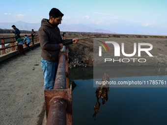 A boy retrieves a polythene bag after casting his fishing rod to catch fish in Wular Lake in Sopore, Jammu and Kashmir, India, on November 1...