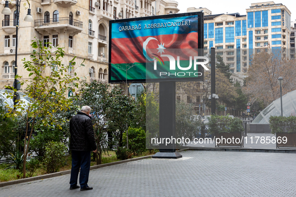 A street banner which says 'Karabakh is Azerbaijan' is seen in the centre of Baku, Azerbaijan on November 17, 2024. 