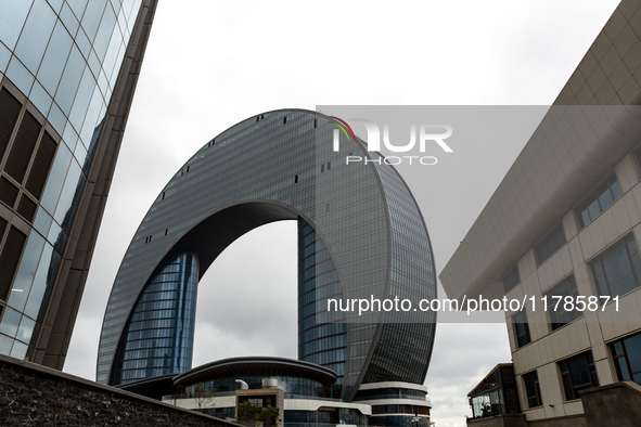 Baku Marine Port  landmark architecture is seen in the centre of Baku, as  Azerbaijan built large parts of its capital in 21 century - Novem...