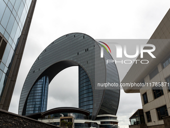 Baku Marine Port  landmark architecture is seen in the centre of Baku, as  Azerbaijan built large parts of its capital in 21 century - Novem...