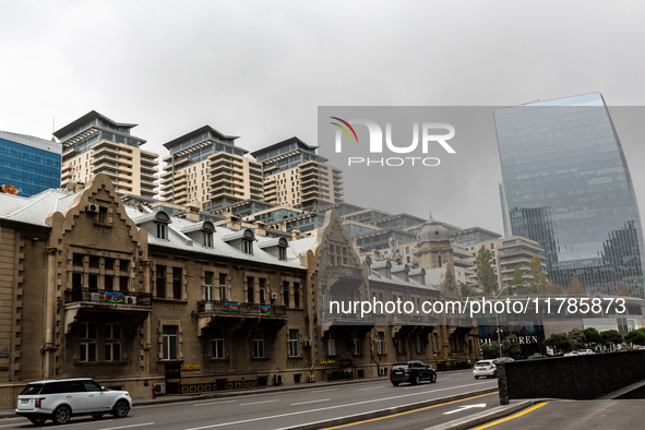 Baku Marine Port  landmark architecture is seen in the centre of Baku, as  Azerbaijan built large parts of its capital in 21 century - Novem...