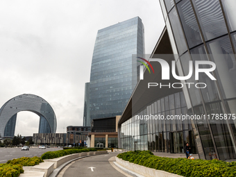 Baku Marine Port  landmark architecture is seen in the centre of Baku, as  Azerbaijan built large parts of its capital in 21 century - Novem...