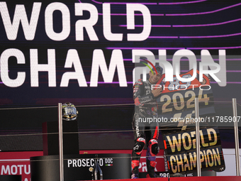 Jorge Martin (89) of Spain and Prima Pramac Racing Ducati celebrates the victory as World Champions of MotoGP after the race of the Motul So...