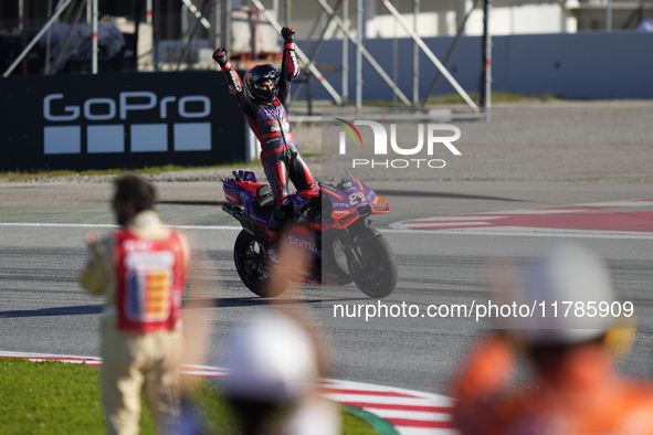 Jorge Martin (89) of Spain and Prima Pramac Racing Ducati celebrates the victory as World Champions of MotoGP after the race of the Motul So...