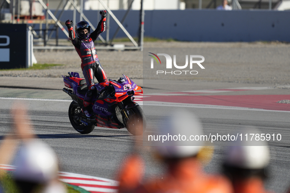 Jorge Martin (89) of Spain and Prima Pramac Racing Ducati celebrates the victory as World Champions of MotoGP after the race of the Motul So...