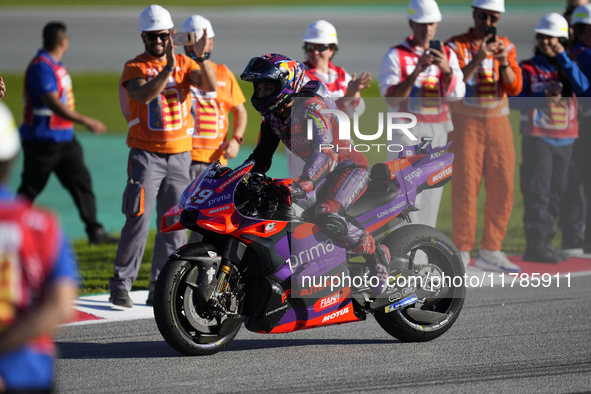 Jorge Martin (89) of Spain and Prima Pramac Racing Ducati celebrates the victory as World Champions of MotoGP after the race of the Motul So...