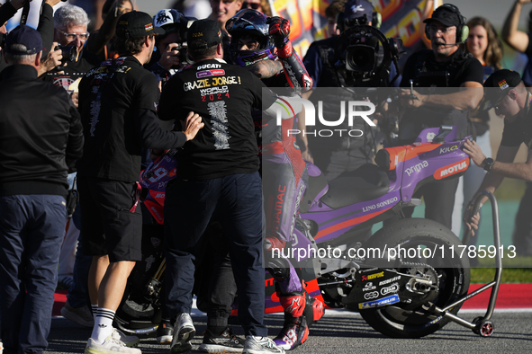 Jorge Martin (89) of Spain and Prima Pramac Racing Ducati celebrates the victory as World Champions of MotoGP after the race of the Motul So...