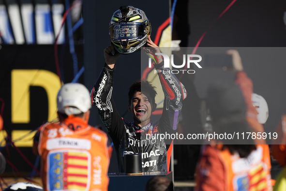 Jorge Martin (89) of Spain and Prima Pramac Racing Ducati celebrates the victory as World Champions of MotoGP after the race of the Motul So...