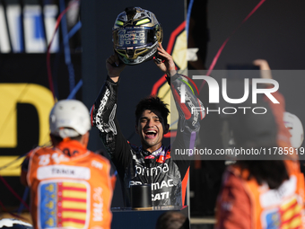 Jorge Martin (89) of Spain and Prima Pramac Racing Ducati celebrates the victory as World Champions of MotoGP after the race of the Motul So...