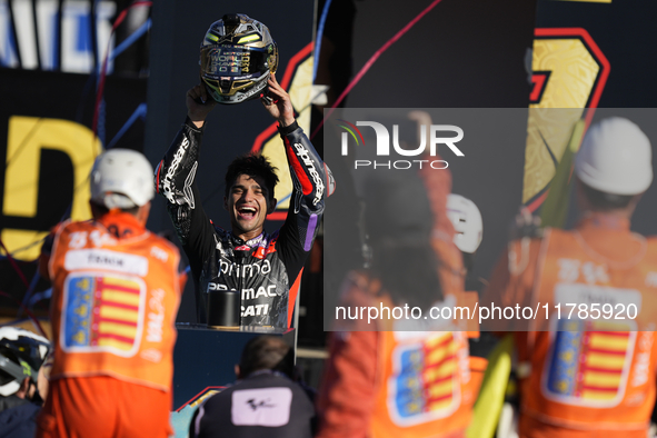 Jorge Martin (89) of Spain and Prima Pramac Racing Ducati celebrates the victory as World Champions of MotoGP after the race of the Motul So...