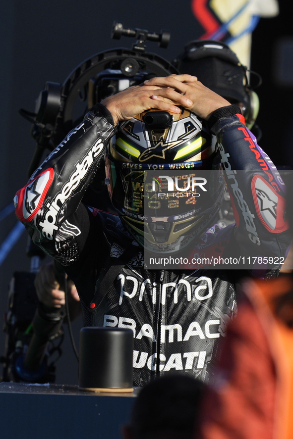 Jorge Martin (89) of Spain and Prima Pramac Racing Ducati celebrates the victory as World Champions of MotoGP after the race of the Motul So...