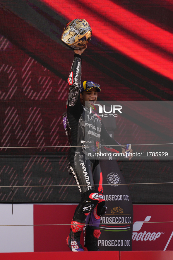 Jorge Martin (89) of Spain and Prima Pramac Racing Ducati celebrates the victory as World Champions of MotoGP after the race of the Motul So...