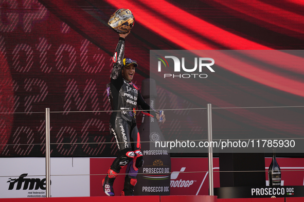 Jorge Martin (89) of Spain and Prima Pramac Racing Ducati celebrates the victory as World Champions of MotoGP after the race of the Motul So...