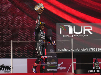 Jorge Martin (89) of Spain and Prima Pramac Racing Ducati celebrates the victory as World Champions of MotoGP after the race of the Motul So...