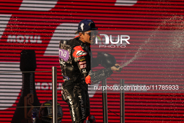 Jorge Martin (89) of Spain and Prima Pramac Racing Ducati celebrates the victory as World Champions of MotoGP after the race of the Motul So...