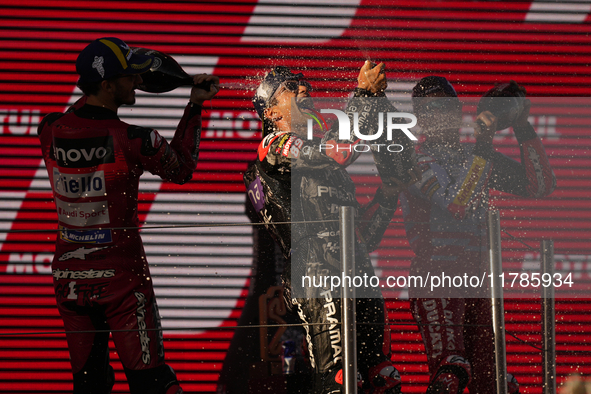 Jorge Martin (89) of Spain and Prima Pramac Racing Ducati celebrates the victory as World Champions of MotoGP after the race of the Motul So...