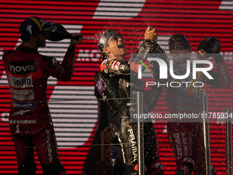 Jorge Martin (89) of Spain and Prima Pramac Racing Ducati celebrates the victory as World Champions of MotoGP after the race of the Motul So...