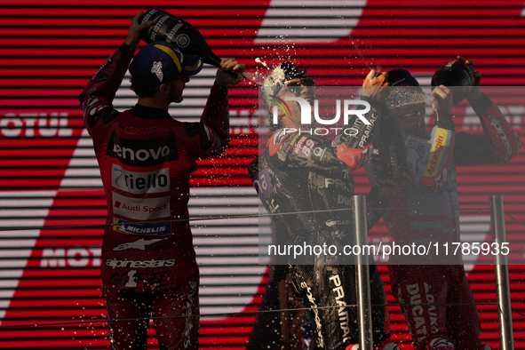 Jorge Martin (89) of Spain and Prima Pramac Racing Ducati celebrates the victory as World Champions of MotoGP after the race of the Motul So...