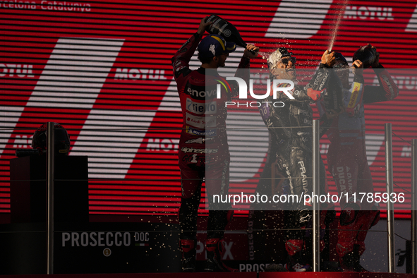 Jorge Martin (89) of Spain and Prima Pramac Racing Ducati celebrates the victory as World Champions of MotoGP after the race of the Motul So...