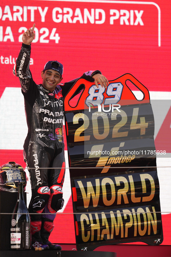 Jorge Martin (89) of Spain and Prima Pramac Racing Ducati celebrates the victory as World Champions of MotoGP after the race of the Motul So...