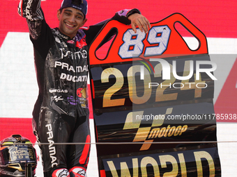 Jorge Martin (89) of Spain and Prima Pramac Racing Ducati celebrates the victory as World Champions of MotoGP after the race of the Motul So...