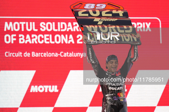 Jorge Martin (89) of Spain and Prima Pramac Racing Ducati celebrates the victory as World Champions of MotoGP after the race of the Motul So...