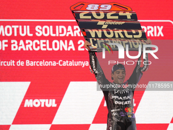 Jorge Martin (89) of Spain and Prima Pramac Racing Ducati celebrates the victory as World Champions of MotoGP after the race of the Motul So...