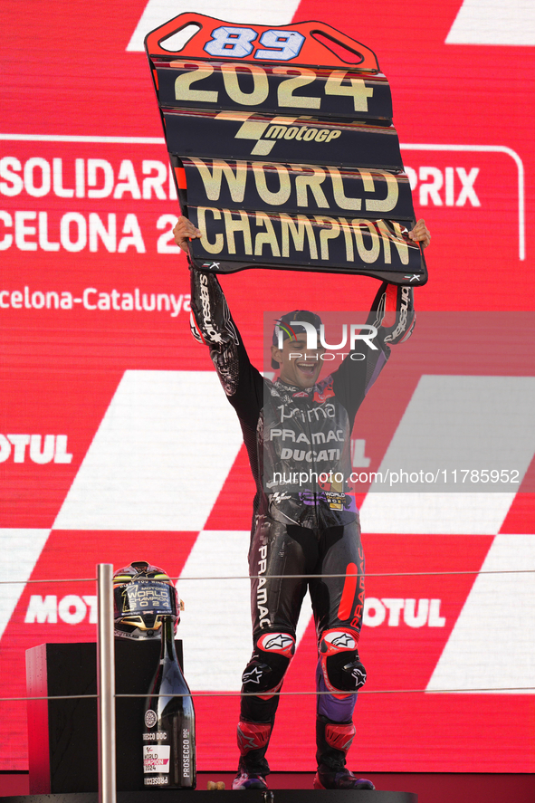 Jorge Martin (89) of Spain and Prima Pramac Racing Ducati celebrates the victory as World Champions of MotoGP after the race of the Motul So...