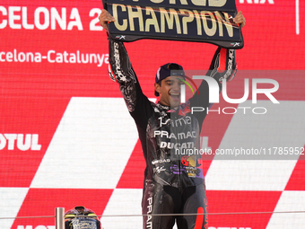 Jorge Martin (89) of Spain and Prima Pramac Racing Ducati celebrates the victory as World Champions of MotoGP after the race of the Motul So...