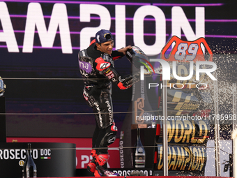 Jorge Martin (89) of Spain and Prima Pramac Racing Ducati celebrates the victory as World Champions of MotoGP after the race of the Motul So...