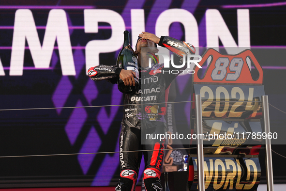 Jorge Martin (89) of Spain and Prima Pramac Racing Ducati celebrates the victory as World Champions of MotoGP after the race of the Motul So...