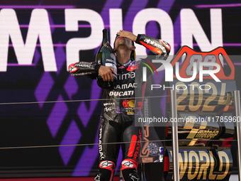 Jorge Martin (89) of Spain and Prima Pramac Racing Ducati celebrates the victory as World Champions of MotoGP after the race of the Motul So...