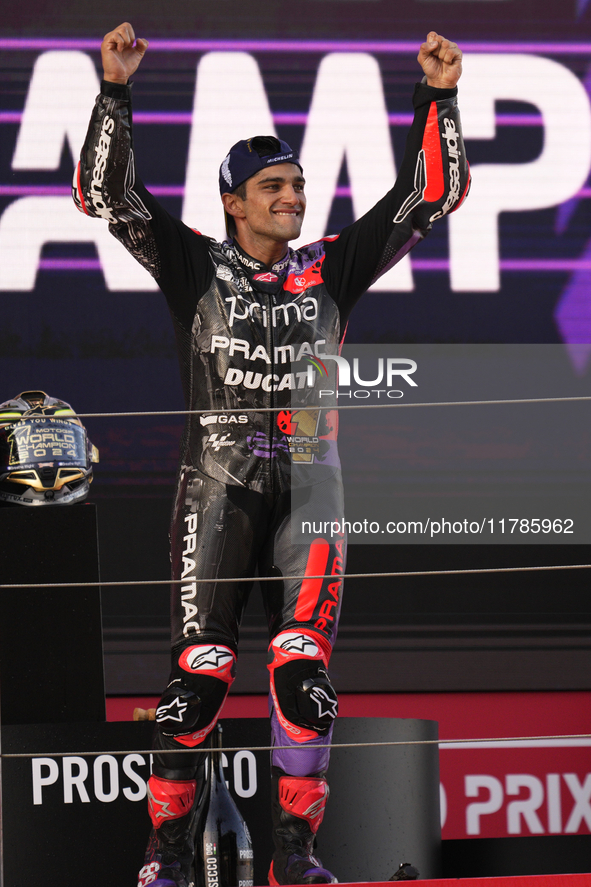 Jorge Martin (89) of Spain and Prima Pramac Racing Ducati celebrates the victory as World Champions of MotoGP after the race of the Motul So...